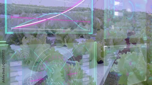 Camera shifting right and down, HUD overlaying hydroponic rows while charts updating for monitoring