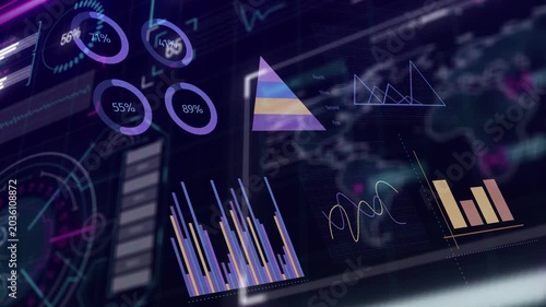 On data refresh, holographic UI updating gauges, bars rising, pyramid shifting, revealing trends