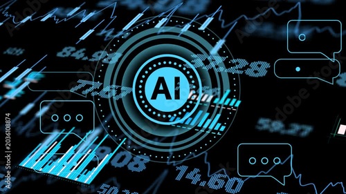 On data pulse cyan AI emblem pulsing rings rotating, charts rising, chats flowing sharing data