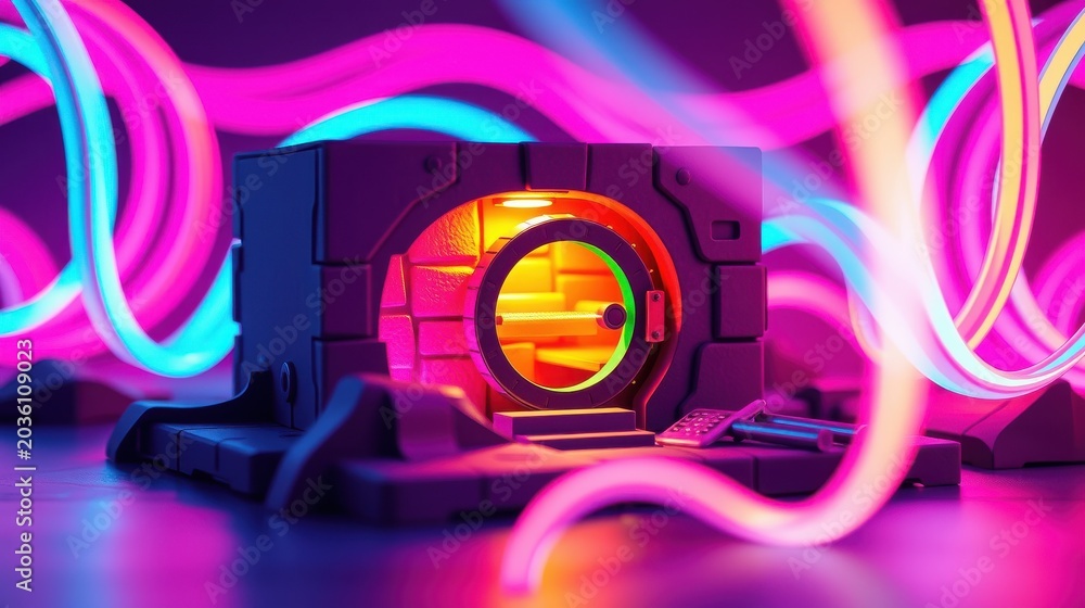 Obraz premium Futuristic doorway glows brightly. Neon lights swirl around dark structure. Dramatic lighting creates vibrant scene.