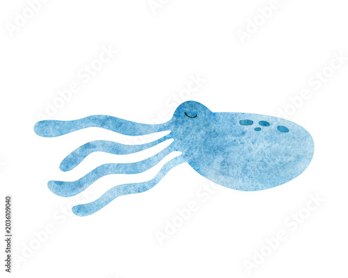 Watercolor sea cuttlefish illustration. Drawing of marine for or greeting cards. Art of sea animal for childish design on isolated background.