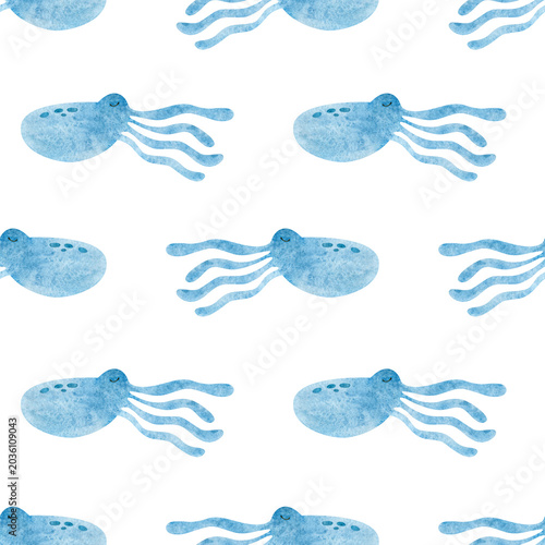 Watercolor seamless pattern with cuttlefish. Children simple drawing sea on a white background.