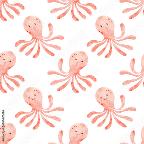 Seamless pattern of a marine with octopus. Watercolor hand drawn sea illustration on white background. For decoration and design.