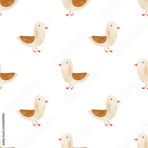 Seamless pattern of a marine with sea gull. Watercolor hand drawn illustration on white background. For decoration and design.