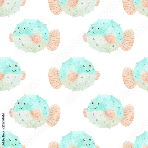 Seamless pattern of a marine with fugu fish. Watercolor hand drawn sea illustration on white background. For decoration and design.