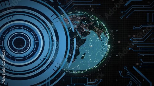 Radial pulse from HUD rings activating globe, globe revealing city lights and code for scanning