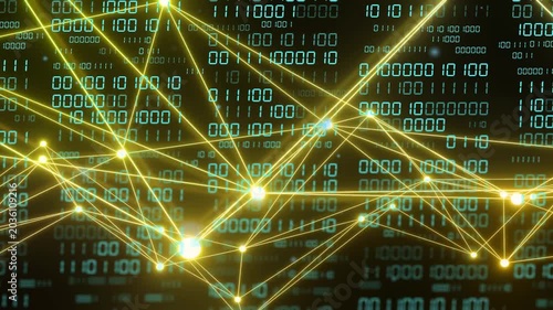 Yellow node network receiving burst, pulsing along gold lines over teal 0 or 1 grid visualizing flow