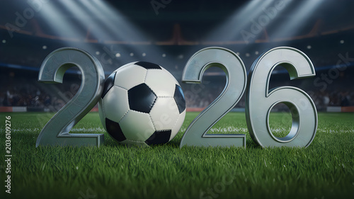 2026 soccer stadium scene with football and date
