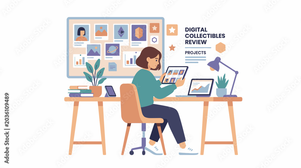 Fototapeta premium Focused Woman Reviewing Digital Collectibles and Data on Multiple Screens.