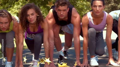 Adult runners holding sports start on paved path, camera panning, gold-star overlay showing bib 157