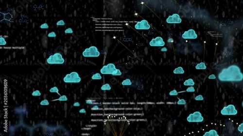 Filament cluster emerging, spawning turquoise clouds, linking star nodes, visualizing network flow