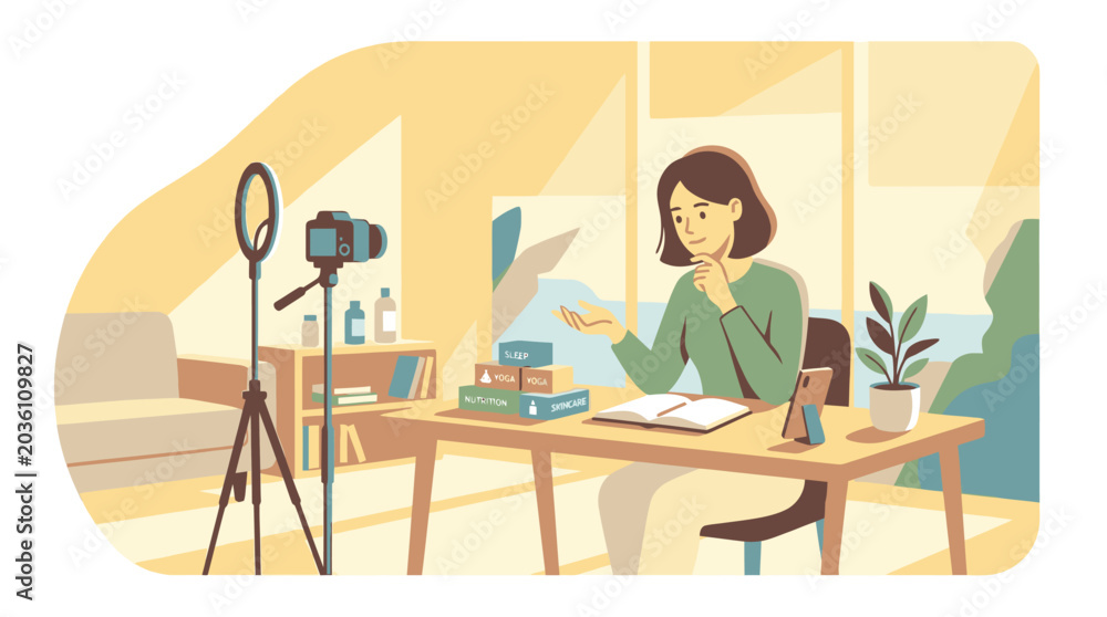 Fototapeta premium Young Woman Creating Online Video Content at Home Studio Desk.