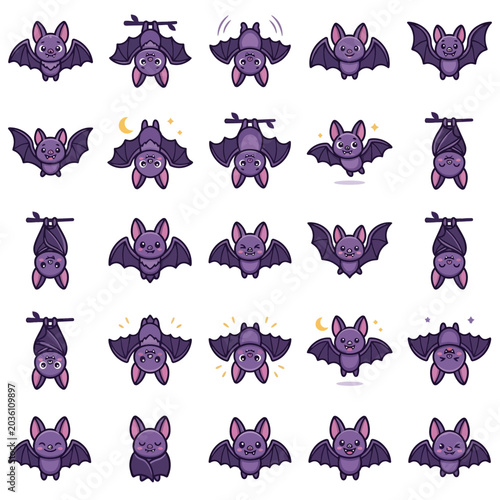 Obraz na płótnie Cute purple bats collection in various flight and roosting poses