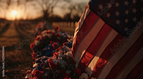 American Flag and Memorial Flowers in Cemetery at Golden Hour