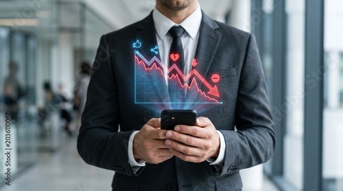Businessman wearing formal suit holding smartphone displaying declining growth chart.