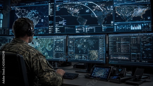Military operations commanding officer military base digital intelligence monitoring high-tech environment rear view strategic analysis for enhanced security