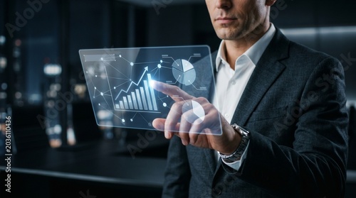 Corporate executive touching transparent floating screen with glowing growth charts.