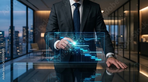 Businessman torso managing digital project management Gantt chart on table.