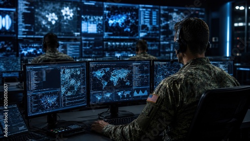 Military cyber operations command center digital warfare high-tech environment close-up view strategic intelligence analysis for enhanced security and defense