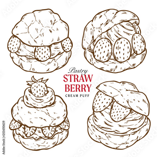 Foto Set of vintage hand drawn Strawberry Choux pastry cream puff drawing illustratio