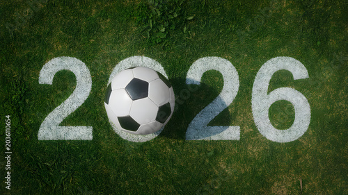 Soccer ball on a green field with 2026 painted numbers