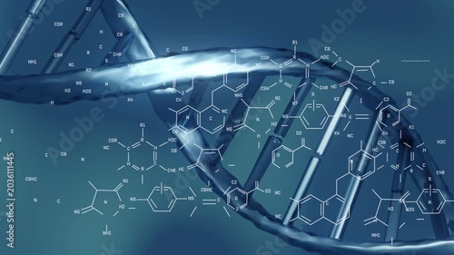 Close-up starting, teal-blue DNA helix rotating while molecular overlays appearing linking to helix