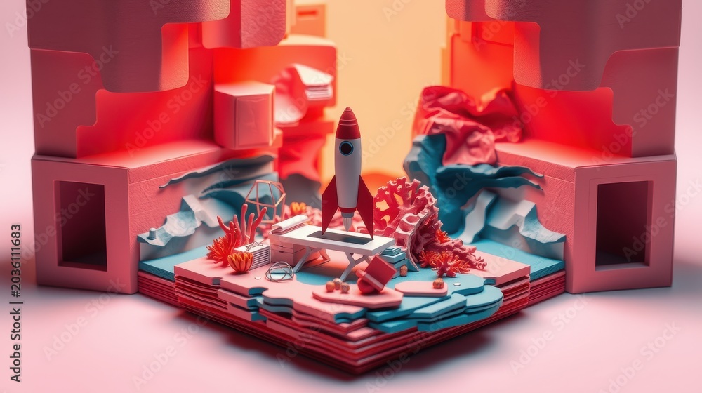 Obraz premium Stylized rocket launch scene. Geometric shapes, vibrant colors, low poly aesthetic. Minimalist design, warm lighting creates dramatic effect.
