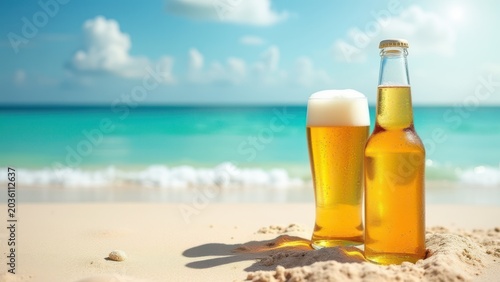 two beer bottles in the sand on tropical summer beach background, product packaging and poster for advertising outdoor recreation, refreshing drinks on coastline, concept of brewery