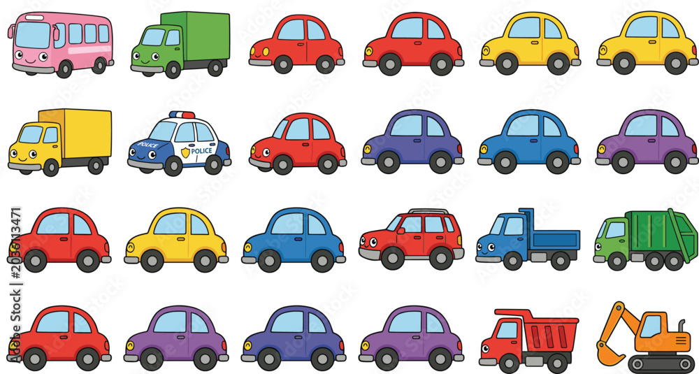 Fototapeta premium Cute Cartoon Vehicle Collection Featuring Cars Trucks Bus Police Car Excavator and Construction Transport Icons