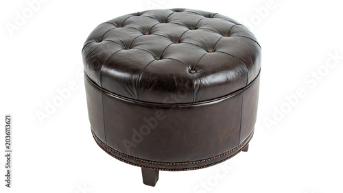 Foto Round black leather storage ottoman footstool furniture isolated on white backgr