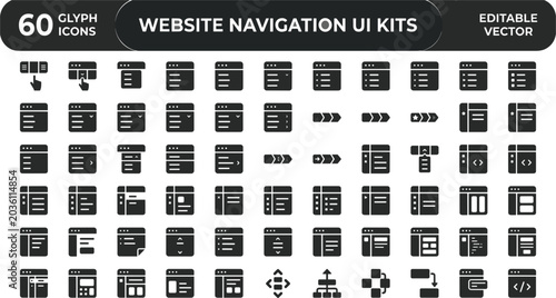 Website Navigation UI Kits Glyph Icons Set for Sidebar Menus, Page Layouts, Dropdowns, and Web Interface Design