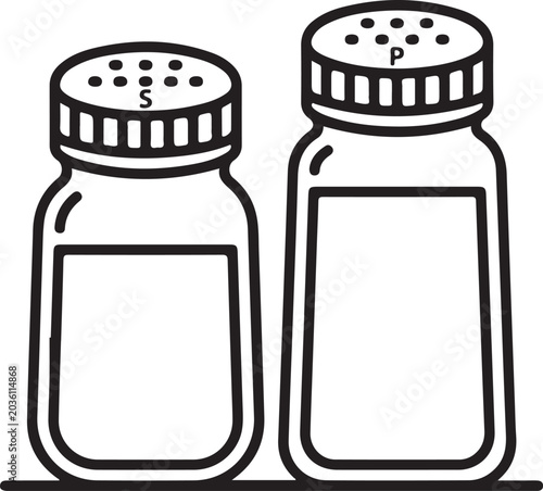 Two glass salt and pepper shakers with S and P labels on white background isolated clean