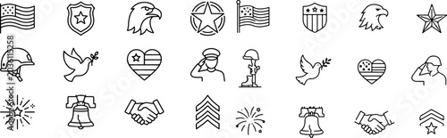 Memorial Day and Veterans Day outline icon set featuring military symbols, national flags vector eps