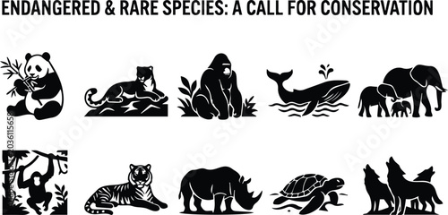 Canvas Print Endangered Rare Species Conservation Animal Silhouette Set Panda Tiger Rhino Wha