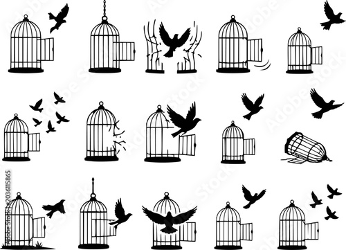 Bird flying out of open cage freedom silhouettes vector icon set isolated