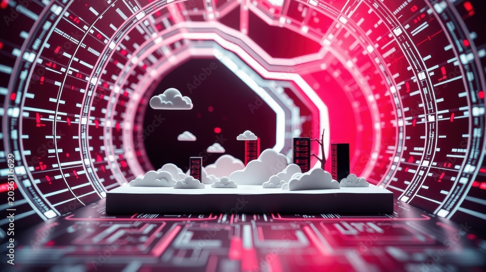Obraz premium Minimalist city scene within glowing tunnel. Red, white colors dominate futuristic design. Abstract shapes create depth.