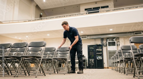 Man as technician arranging chair in conference hall after event. Professional worker preparing auditorium for meeting. Venue setup, maintenance and event organization service concept.