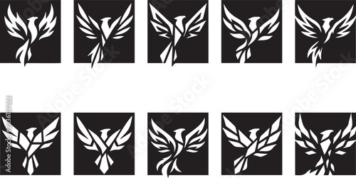 Canvastavla Phoenix Bird Icon Set Black White Vector Square Logo Symbol Various Poses Collec