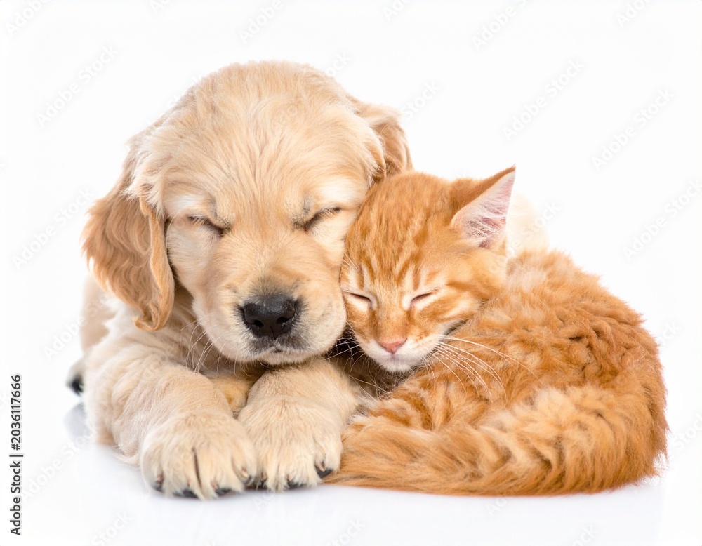 Fototapeta premium Cute golden retriever puppy and orange kitten sleeping together isolated on white