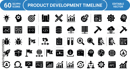 Product Development Timeline Glyph Icons Set for Design, Testing, Deployment, Analytics, and Project Management Interface