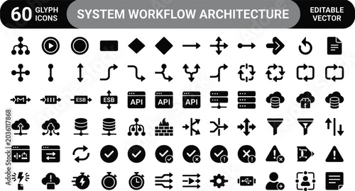 System Workflow Architecture Glyph Icons Set for API Integration, Cloud Automation, Database Routing, and Software Interface Design