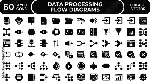 Data Processing Flow Diagrams Glyph Icons Set for Workflow Automation, Database Routing, Software Logic, and Interface Design