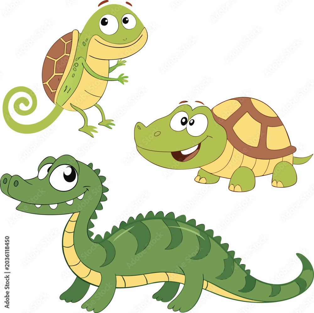 Obraz premium Set of cute smiling cartoon reptiles vector illustration for children's books