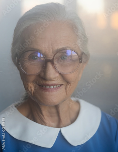 Close Up Portrait of Smiling Senior Woman with Glasses in Backlight.