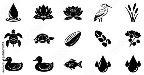 Pond life black silhouettes water plants birds turtles fish and ducks