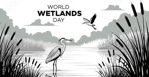 World wetlands day illustration heron and bird in marsh landscape