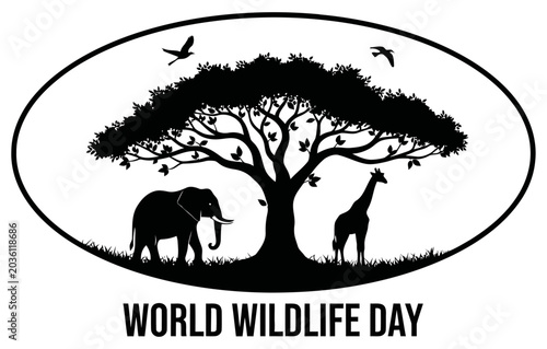 African wildlife silhouette elephant giraffe and birds under acacia tree