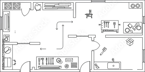 Workshop Floor Plan Blueprint Vector Illustration Featuring Tool Stations Storage Areas And Industrial Workspace Layout Design