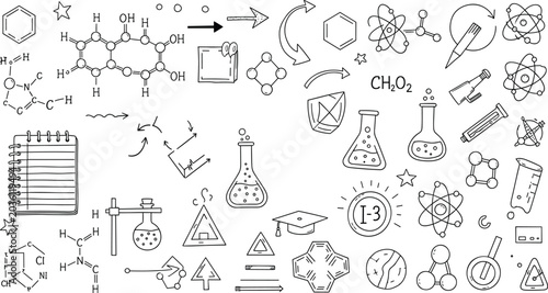 Hand Drawn Chemistry and Physics Doodle Vector Illustration Featuring Scientific Formulas Laboratory Equipment and Educational Symbols