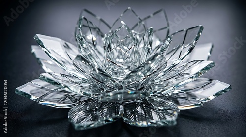 Shattered Glass Fragment Art with Sharp Edges and Reflective Surface.